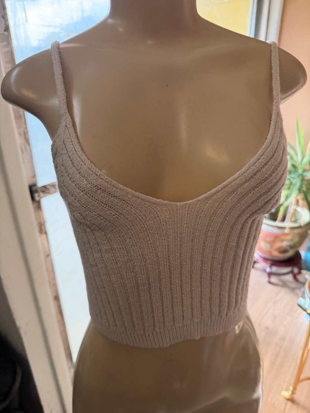Women's Cream Ribbed Knit Cami Tank Top